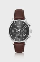 Годинник BOSS Stainless-steel chronograph watch with stitched leather strap Brown (58138467)